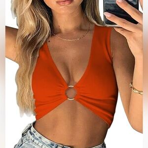 Women’s Orange Ring Gathered Crop Top V-Neck Sleeveless Small